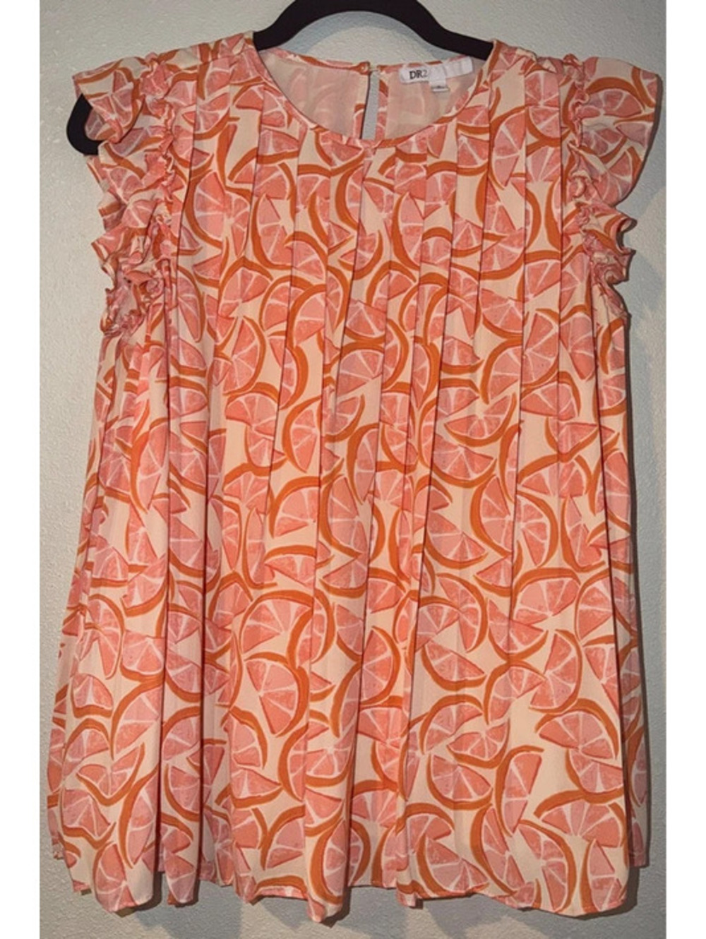 DR2 Orange Citrus Print Ruffle Sleeve Blouse Women’s Small